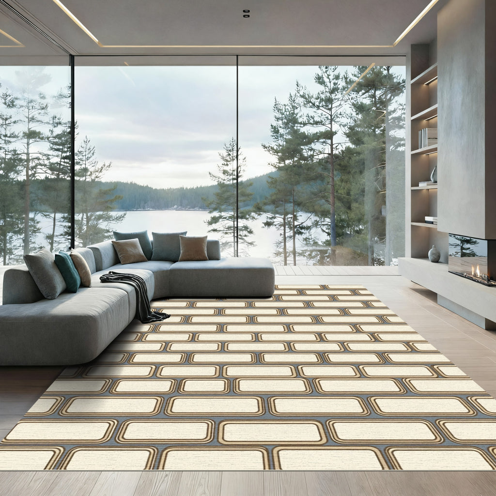 Cream Geometric Brick Grid Rug