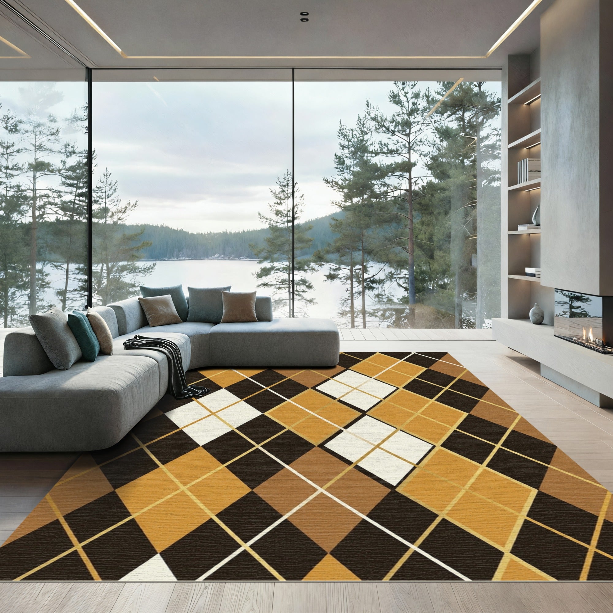 Classic Brown and Gold Argyle Grid Rug