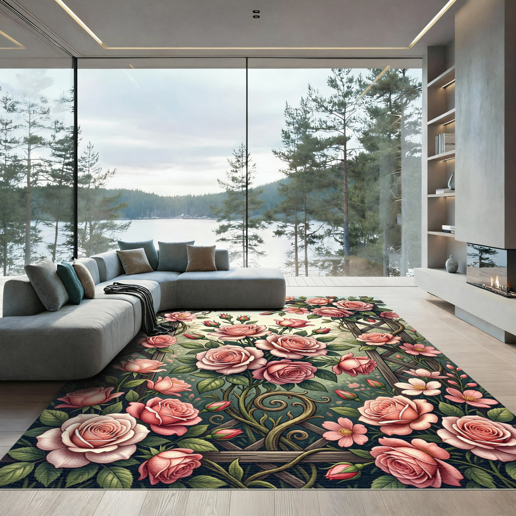 Romantic Pink Rose Trellis Floral Rug