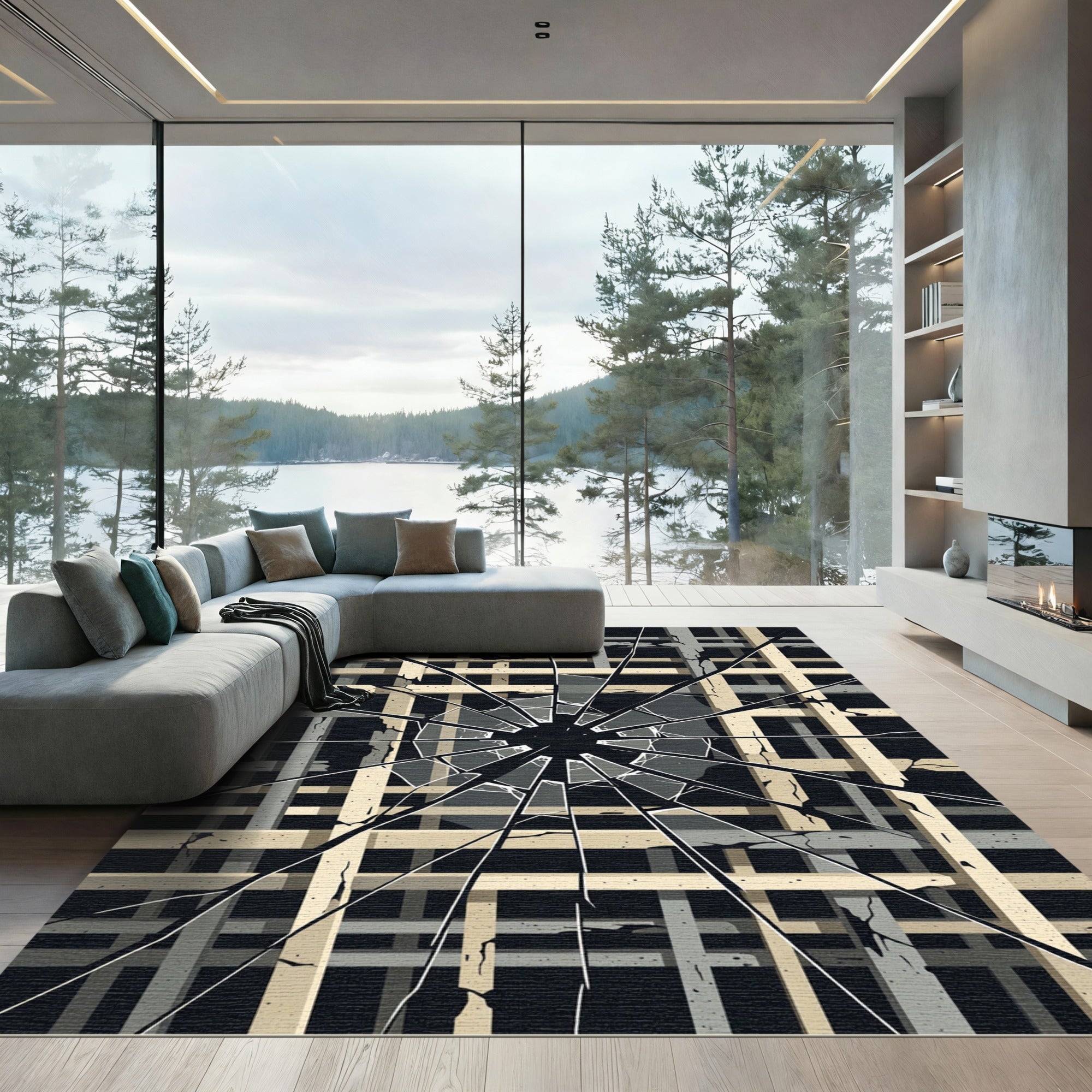 Shattered Grid Geometric Monochrome Rug