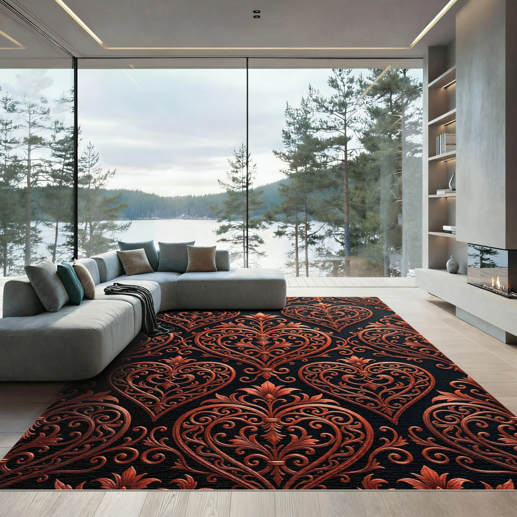 Ornate Copper Heart Filigree Background Rug