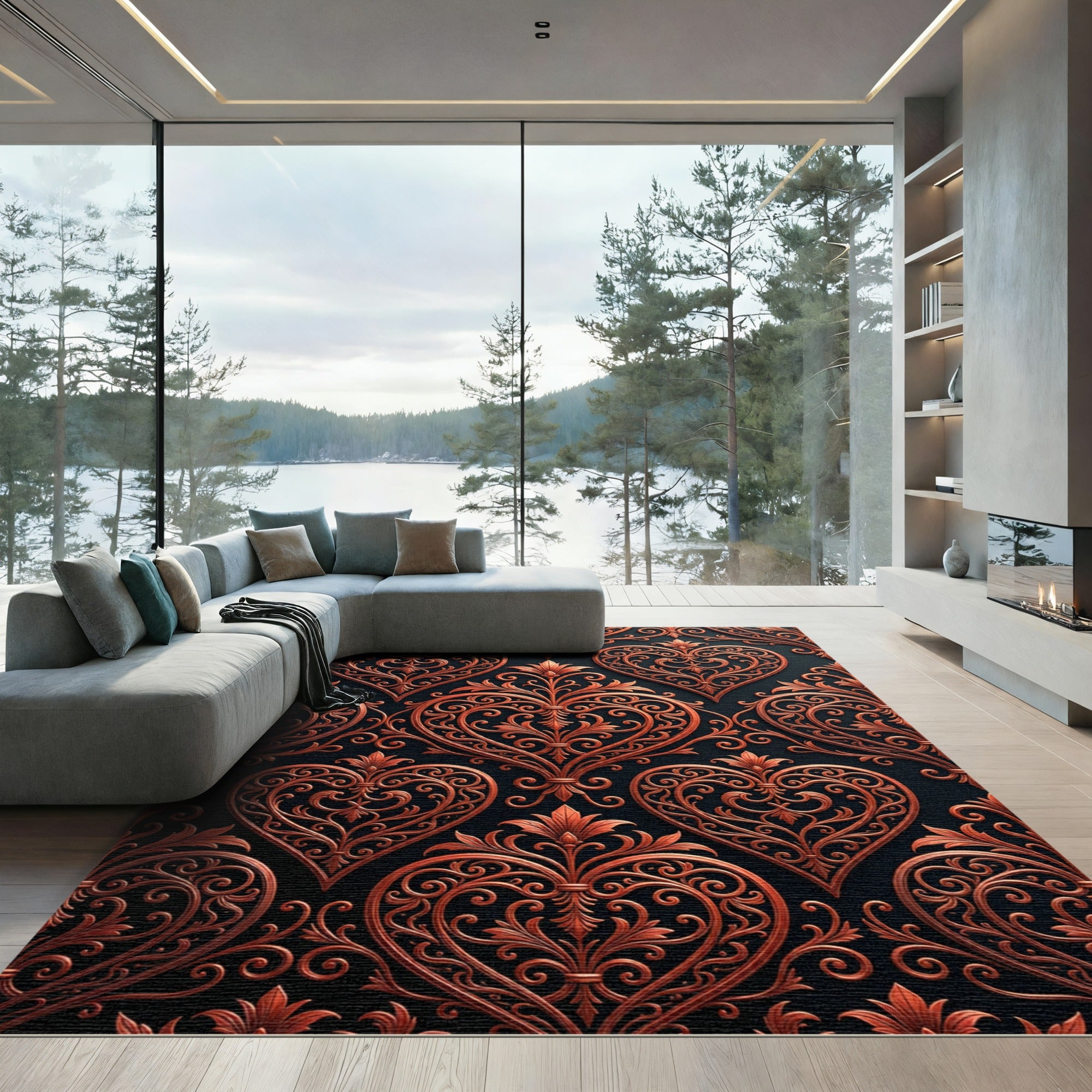 Ornate Copper Heart Filigree Background Rug