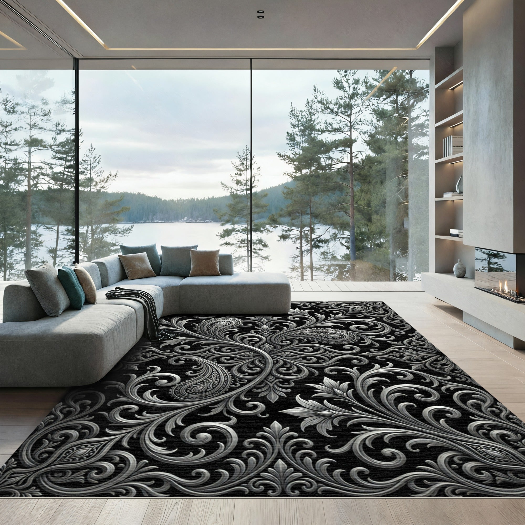 Ornate Silver Paisley Floral Swirls Rug