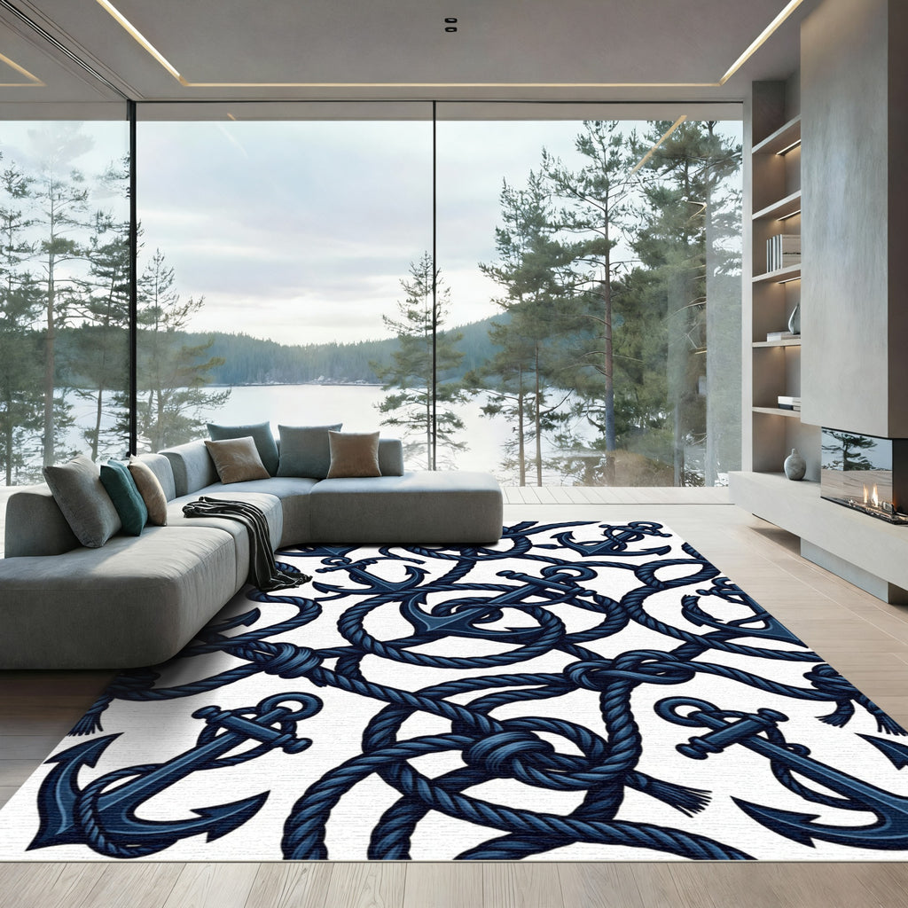 Nautical Navy Blue Anchor Rope Rug