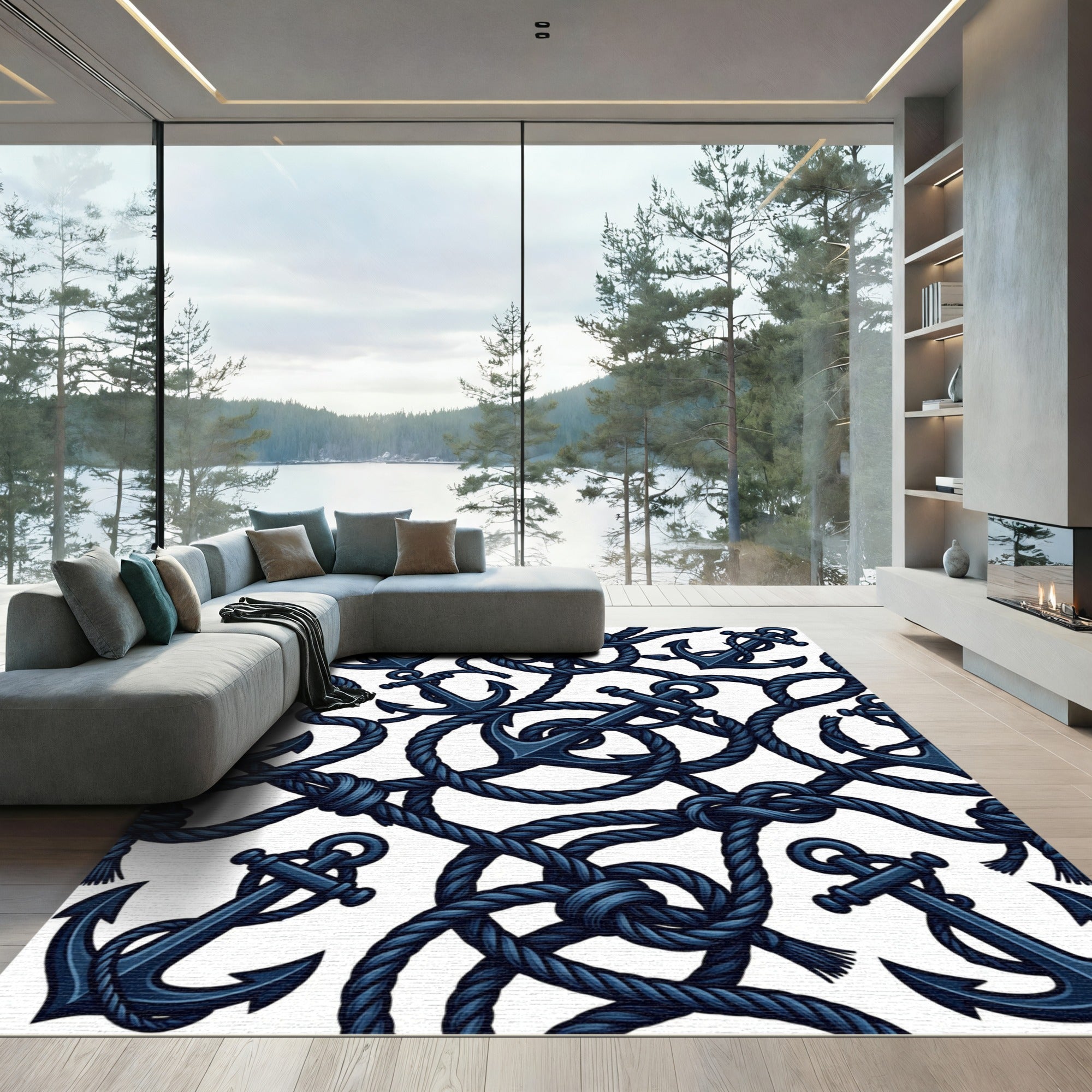 Nautical Navy Blue Anchor Rope Rug