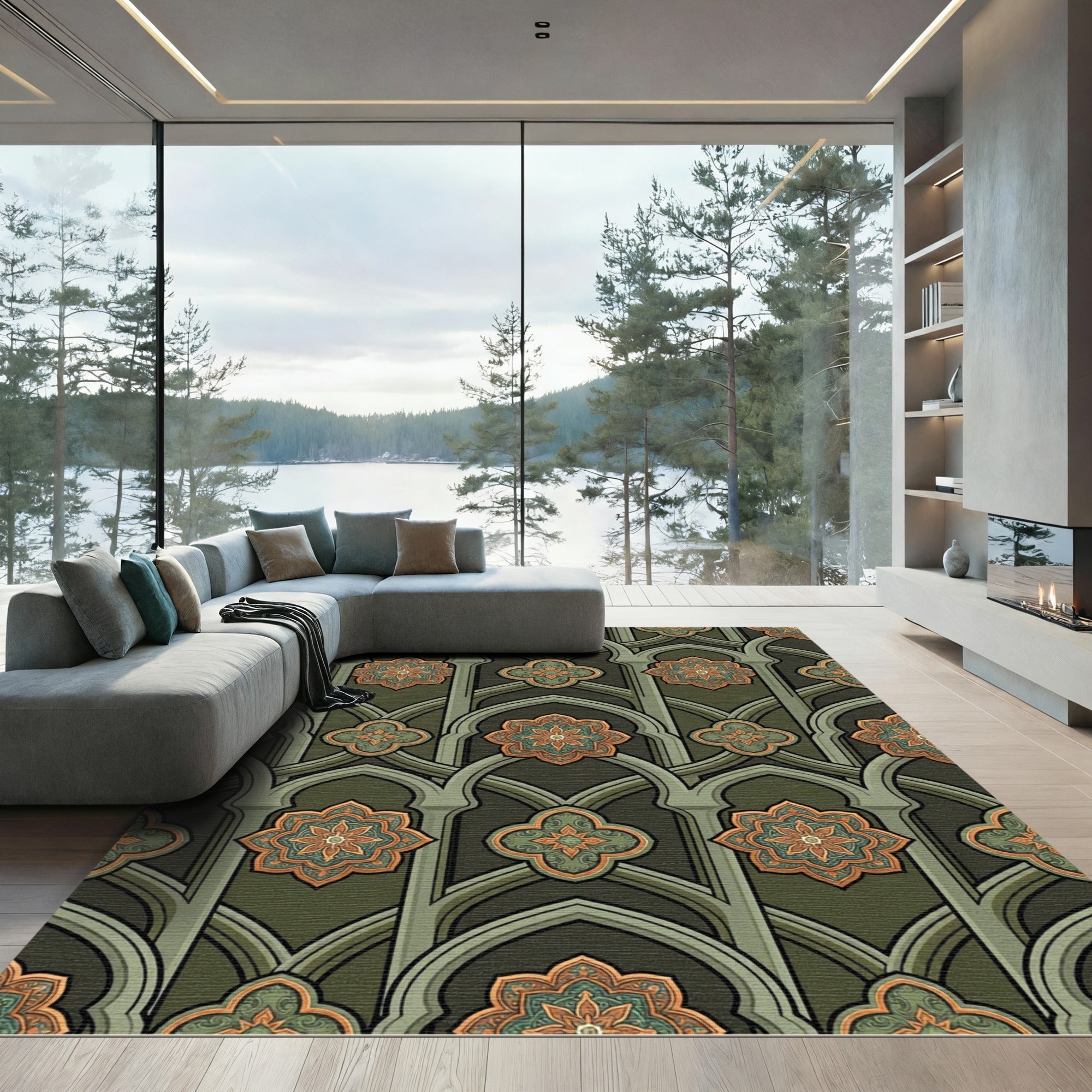 Sage Green Gothic Arch Floral Medallion Rug