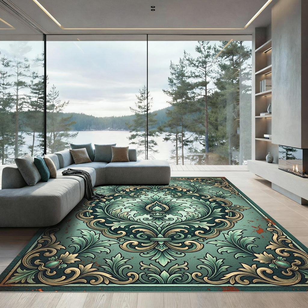Antique Teal and Gold Acanthus Scroll Rug