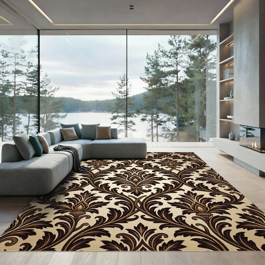 Rich Chocolate Leaf Scroll Rug