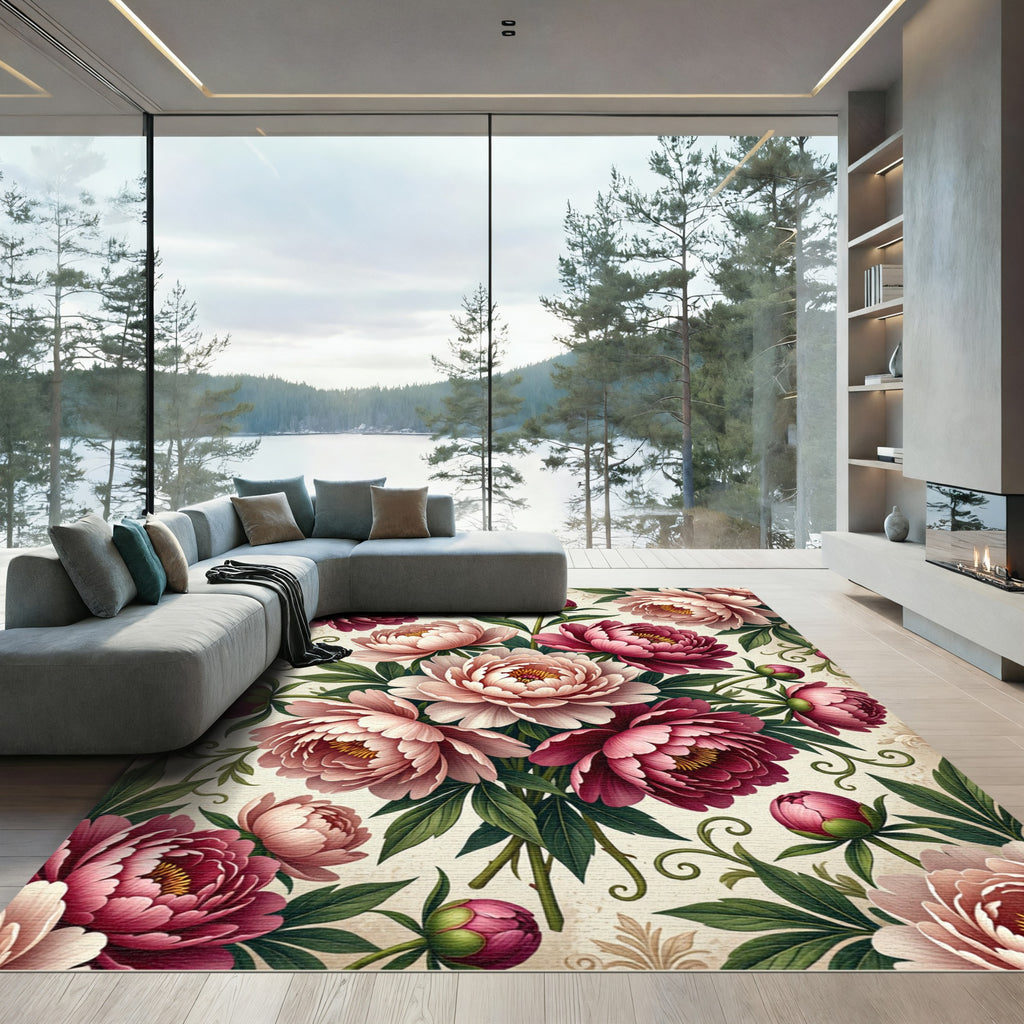 Floral Peony Bouquet in Blush Crimson Rug