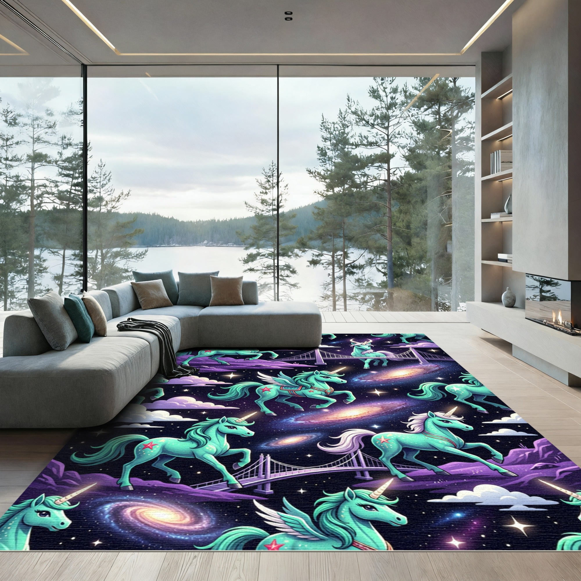 Celestial Teal Unicorn Galaxy Night Sky Rug