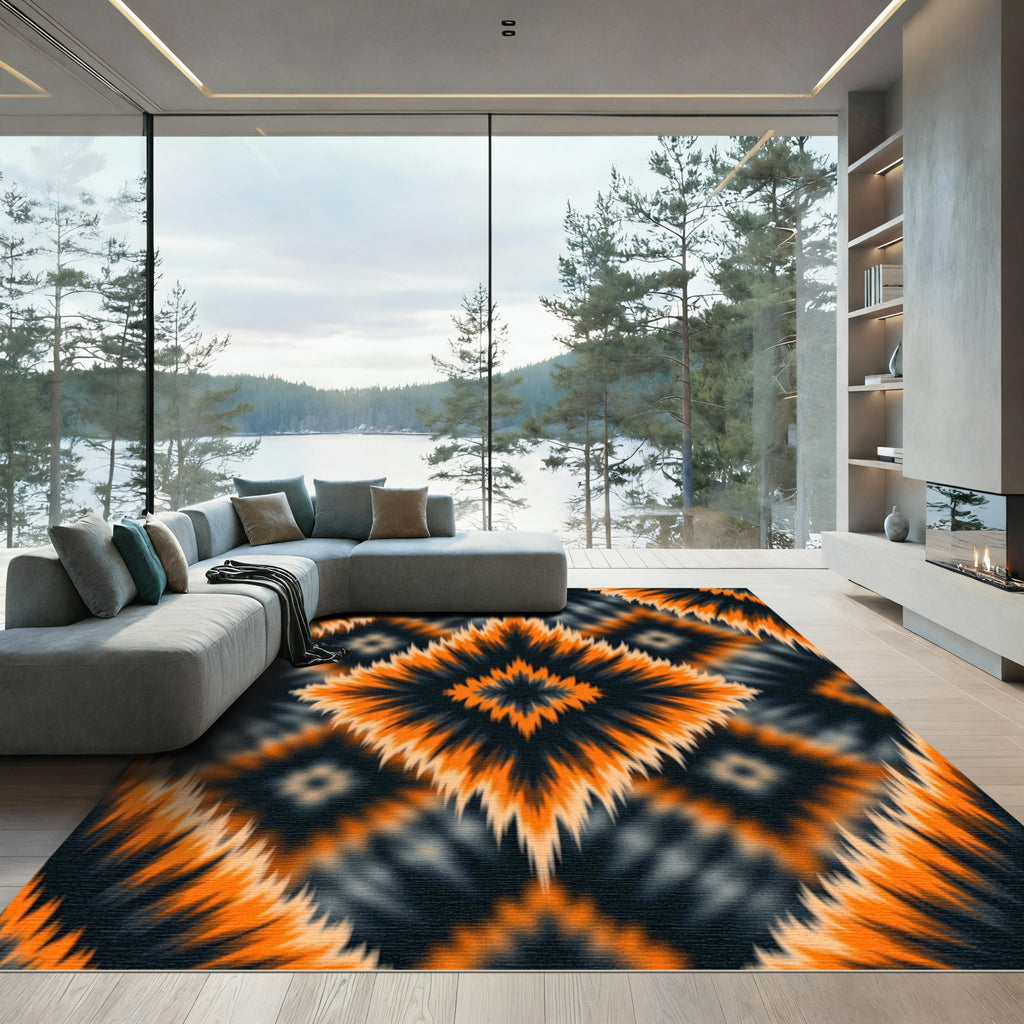 Bold Vivid Orange Black Diamond Ikat Rug