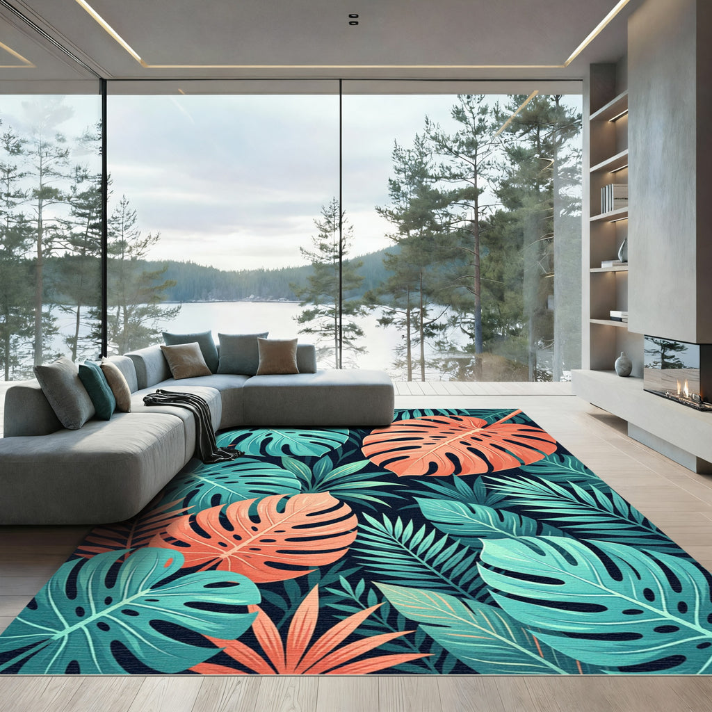 Vibrant Tropical Monstera Leaf Botanical Rug