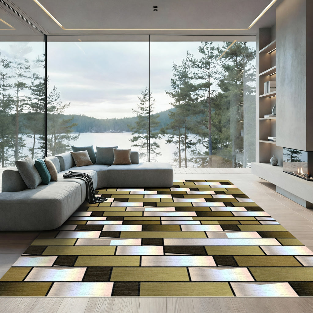 Gold White Horizontal Brick Illusion Rug