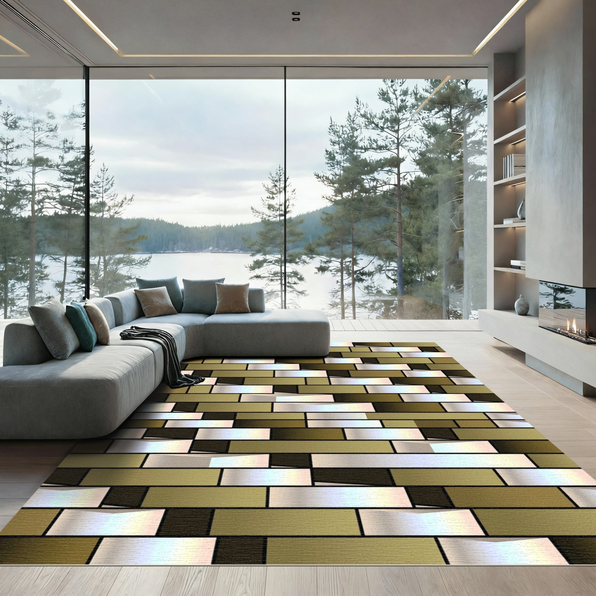 Gold White Horizontal Brick Illusion Rug