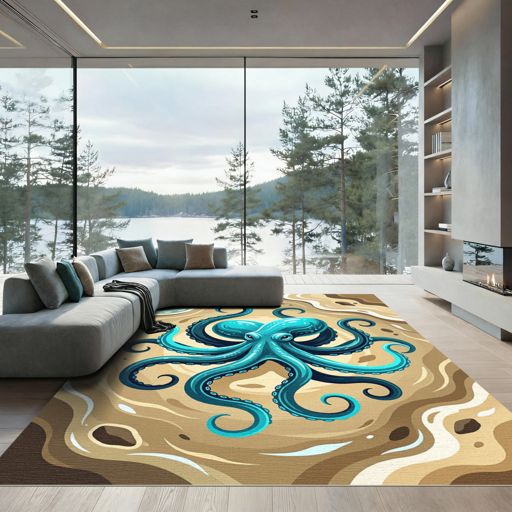 Vibrant Teal Octopus Coastal Swirl Rug