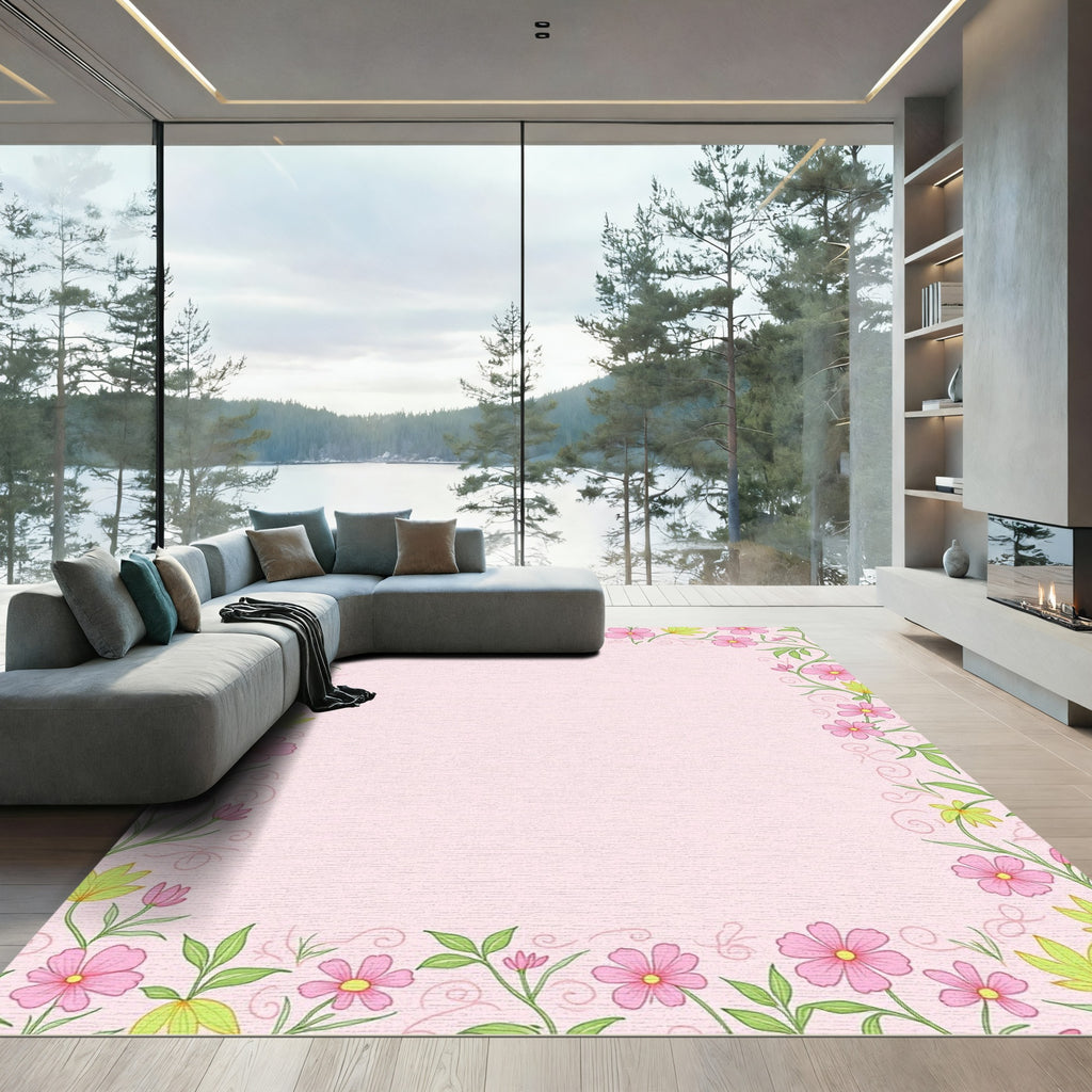 Pink Floral Whimsical Vine Border Rug