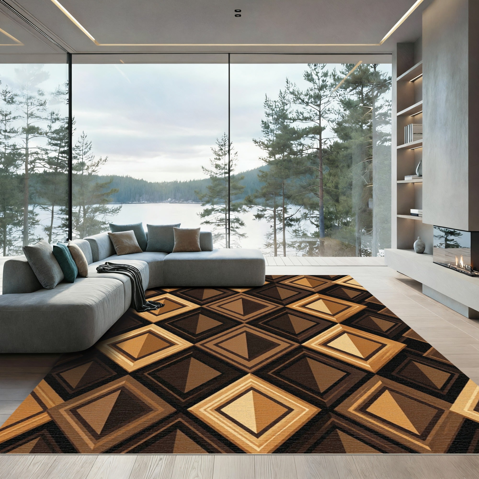Geometric Golden Brown Layered Diamond Rug