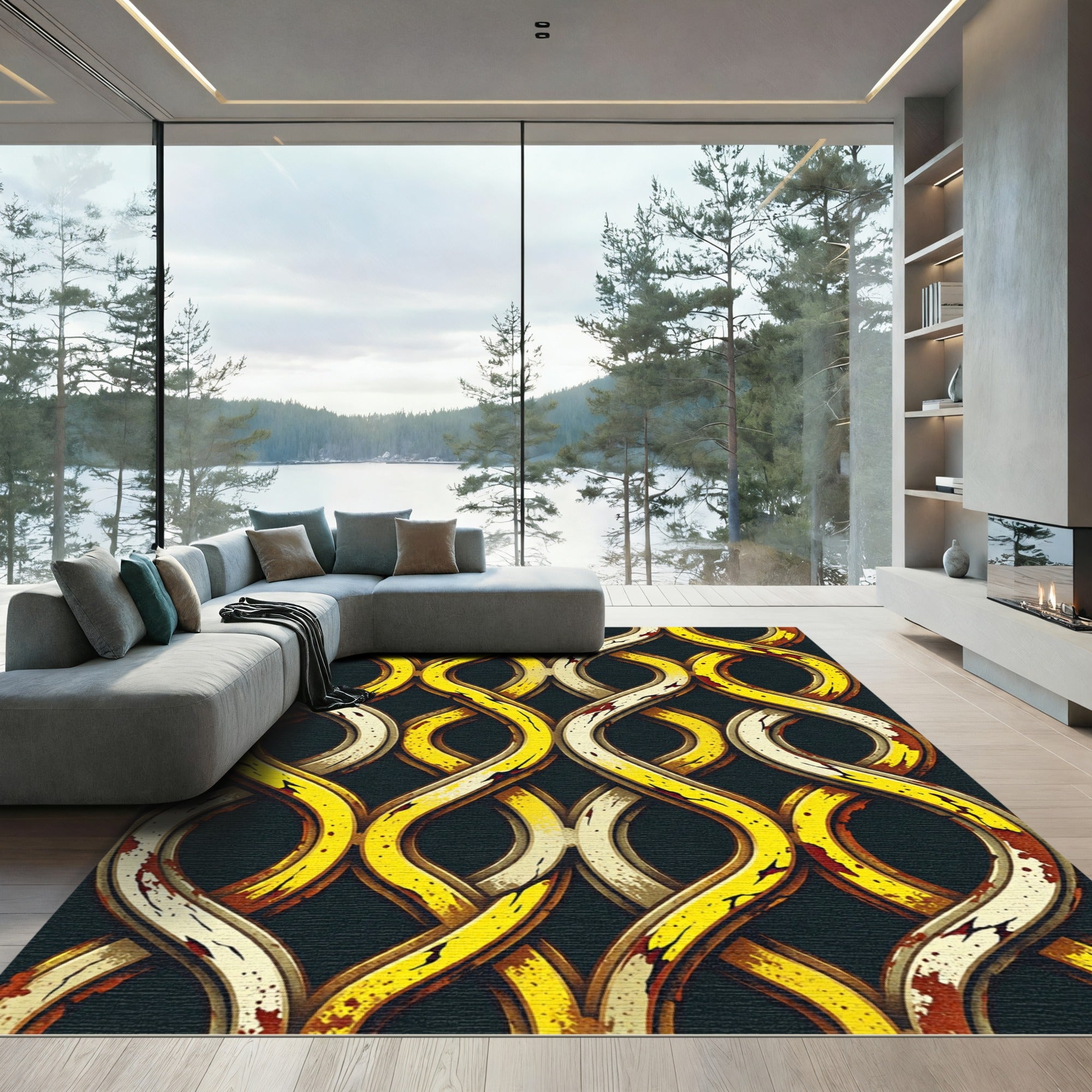 Gold Cream Interlocking Swirl Abstract Rug