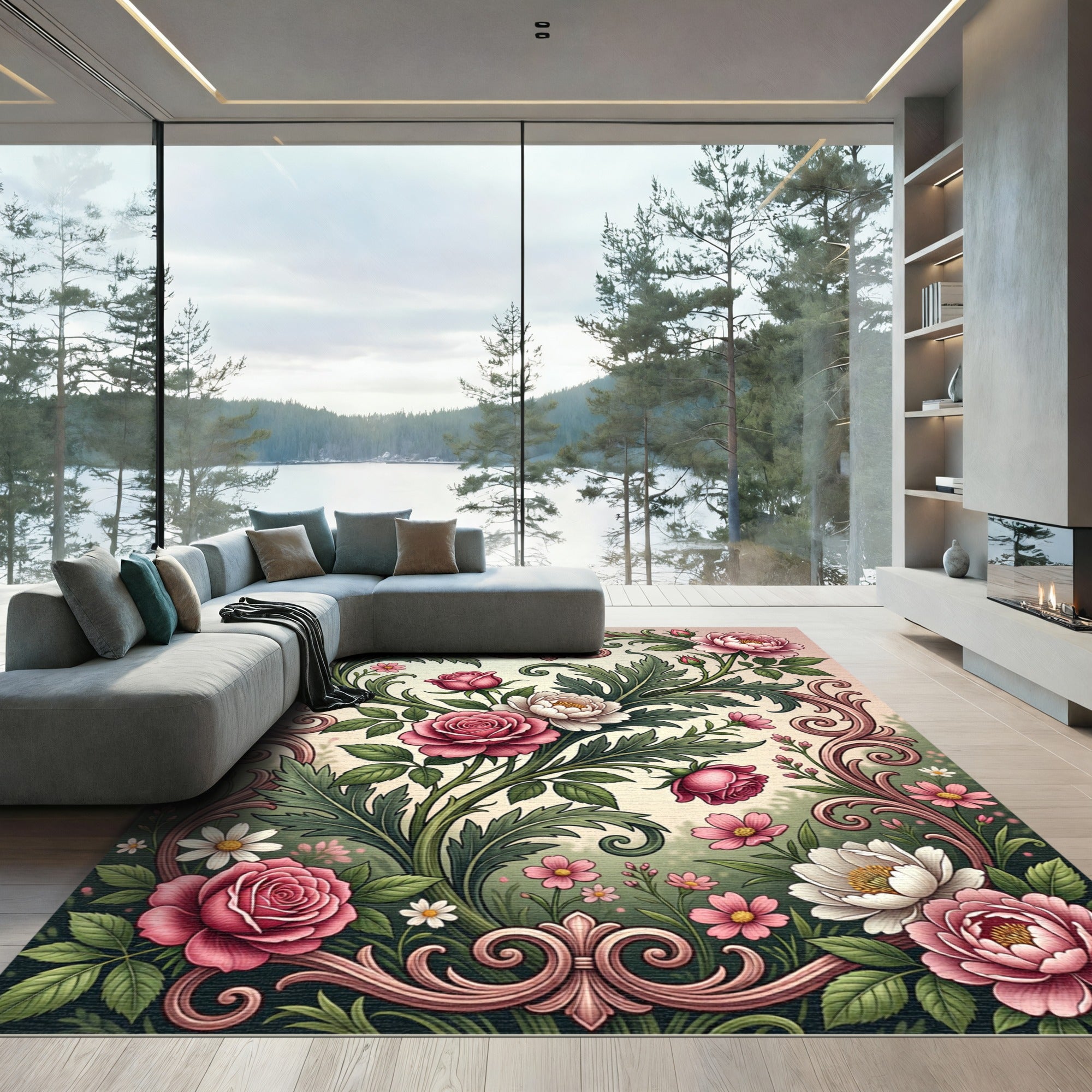 Romantic Blush Rose Floral Scrollwork Rug