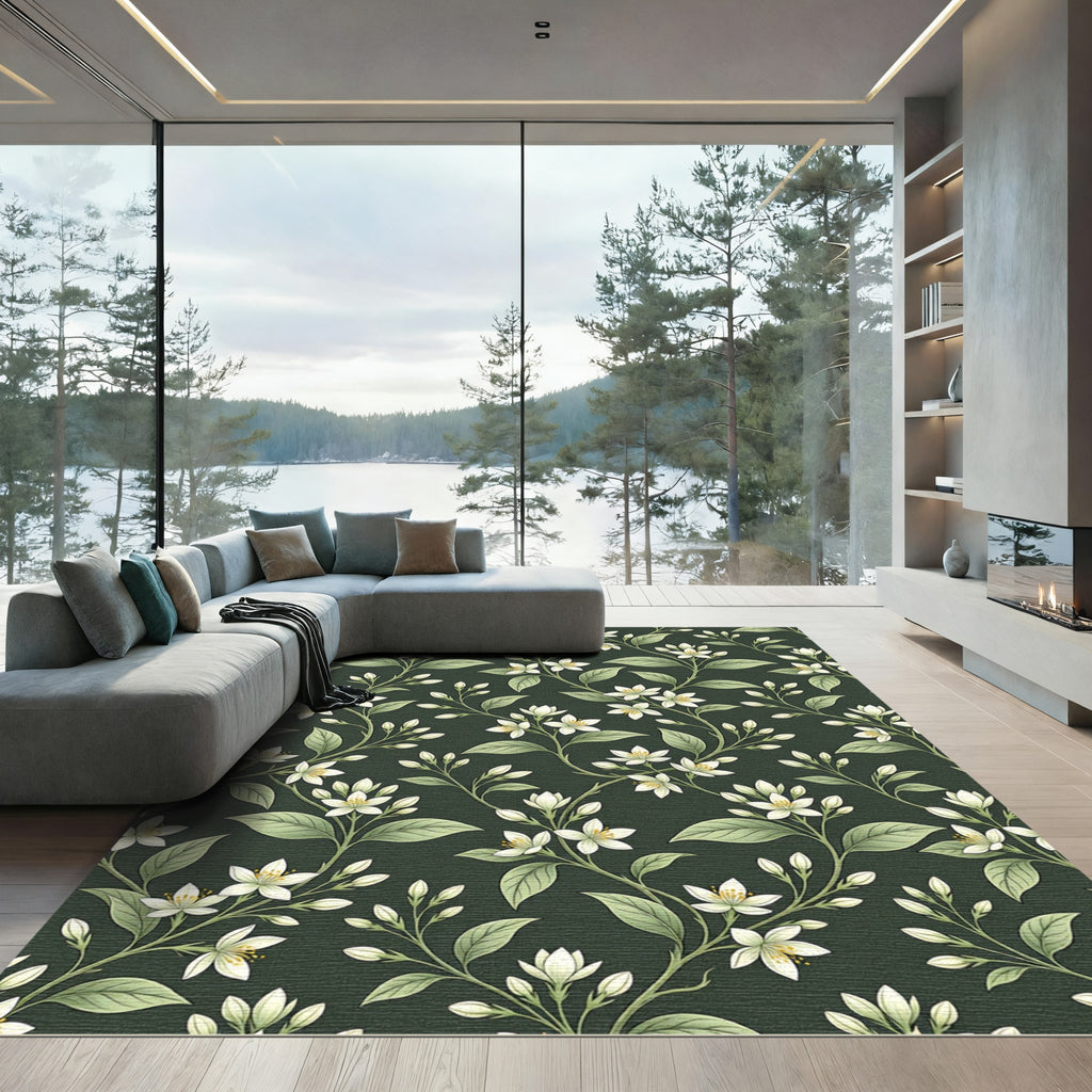 White Blossom Vines Dark Emerald Rug