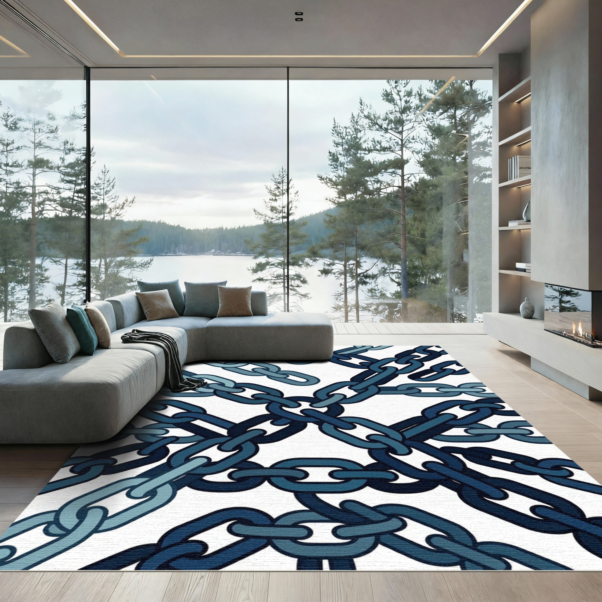 Industrial Navy Chain Link Abstract Rug