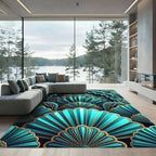 Teal Gold Art Deco Fan Layered Rug