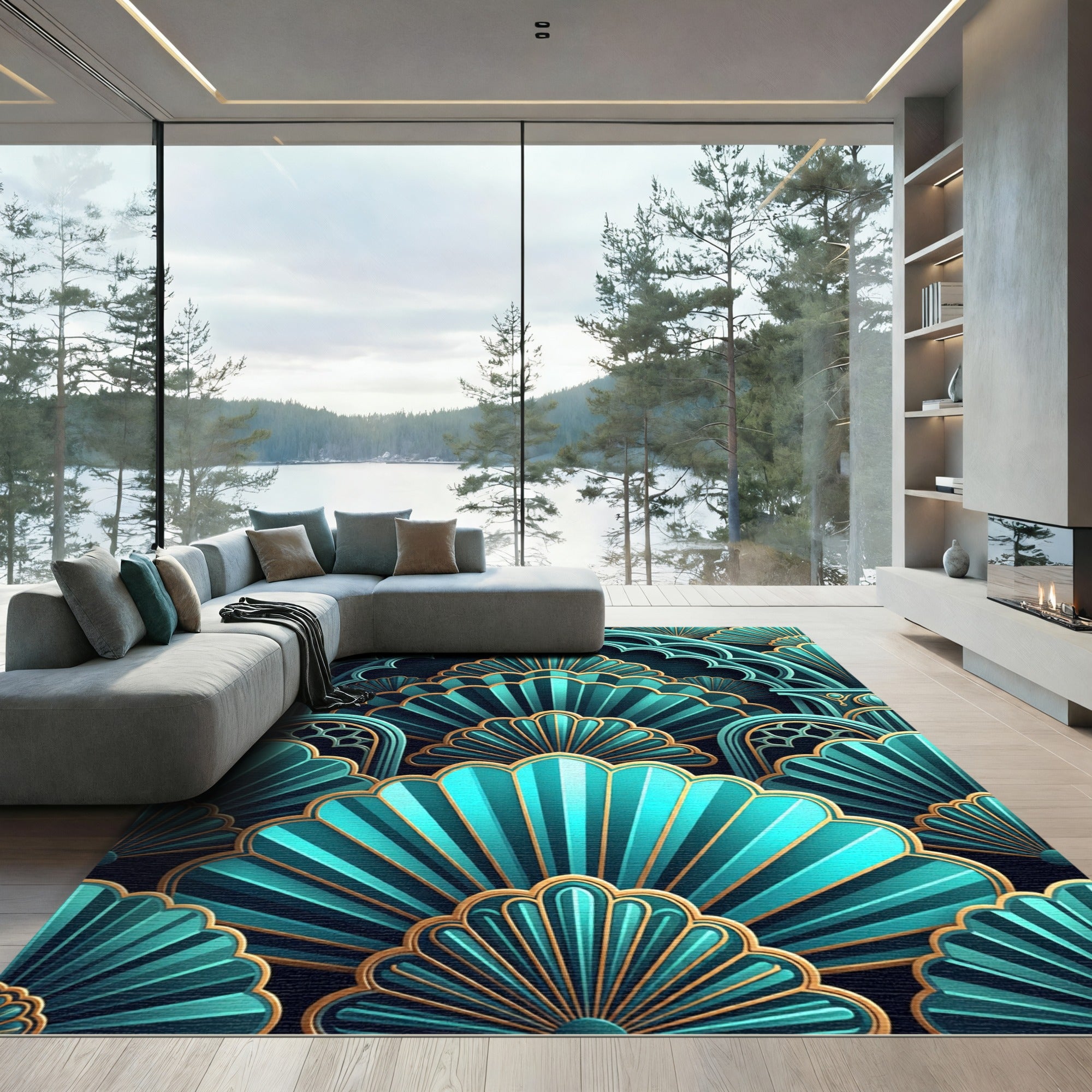 Teal Gold Art Deco Fan Layered Rug