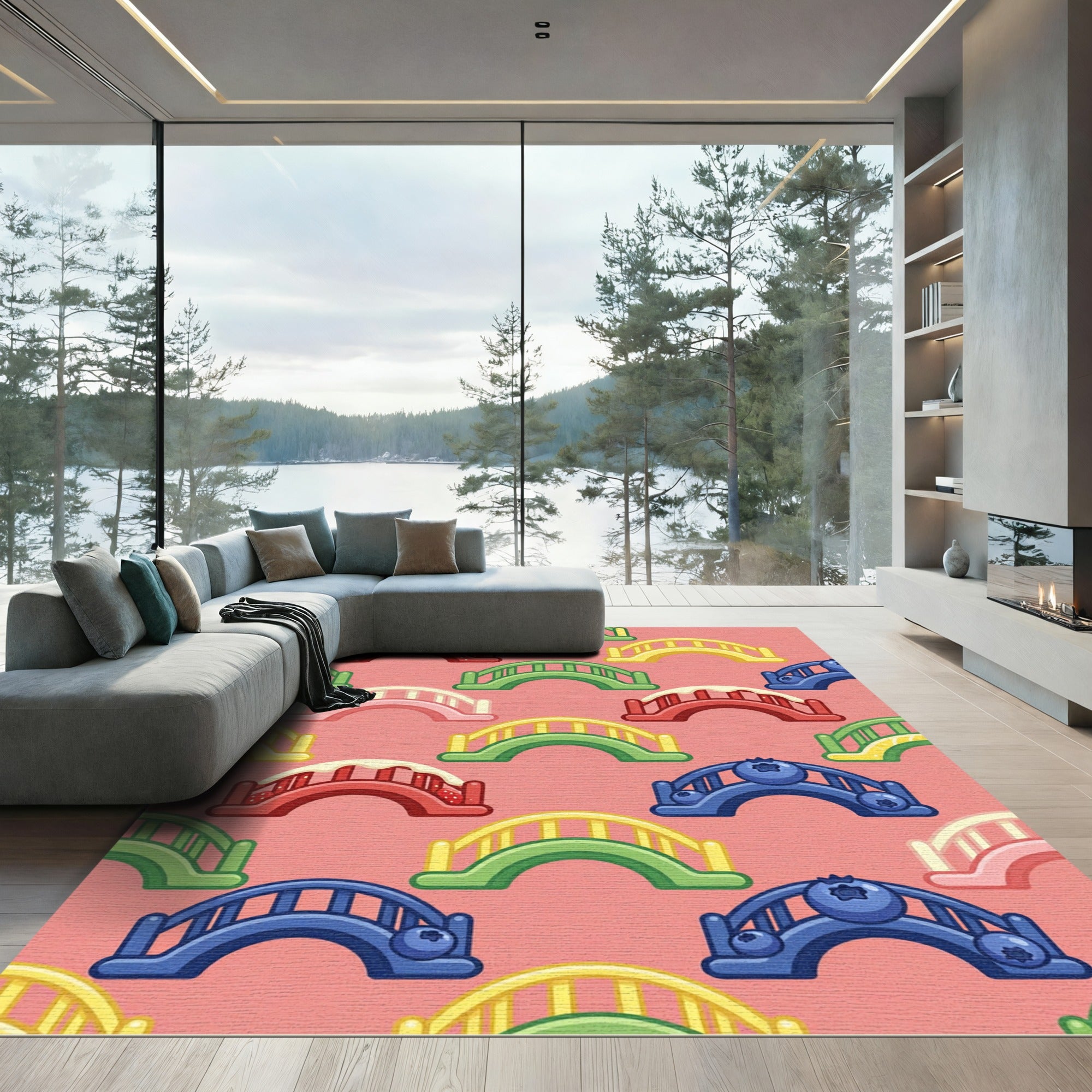 Whimsical Colorful Bridge Fruit Grid Rug