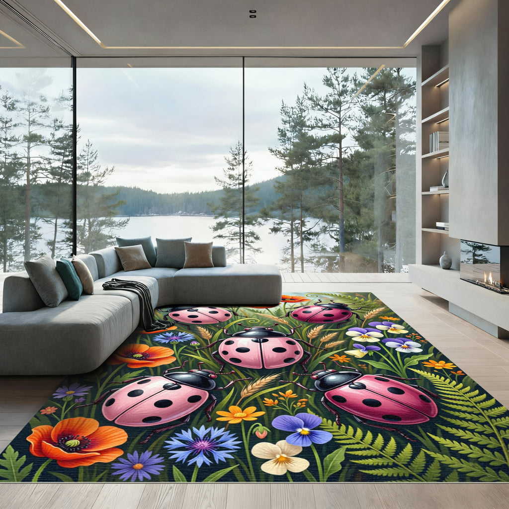 Pink Ladybugs Among Wildflowers Rug