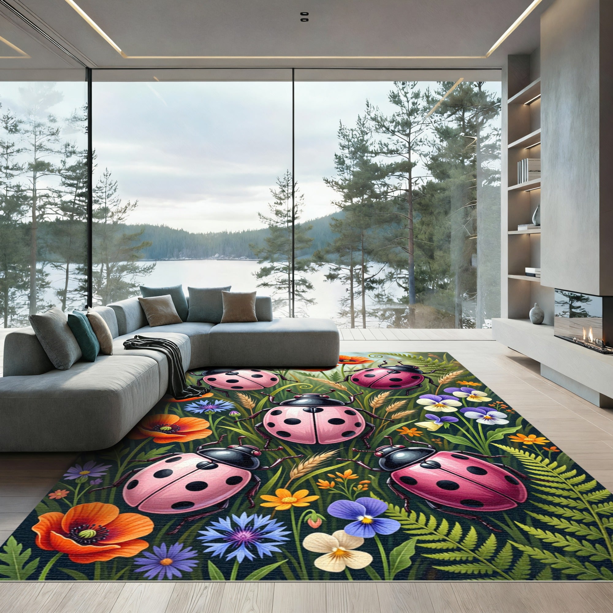 Pink Ladybugs Among Wildflowers Rug