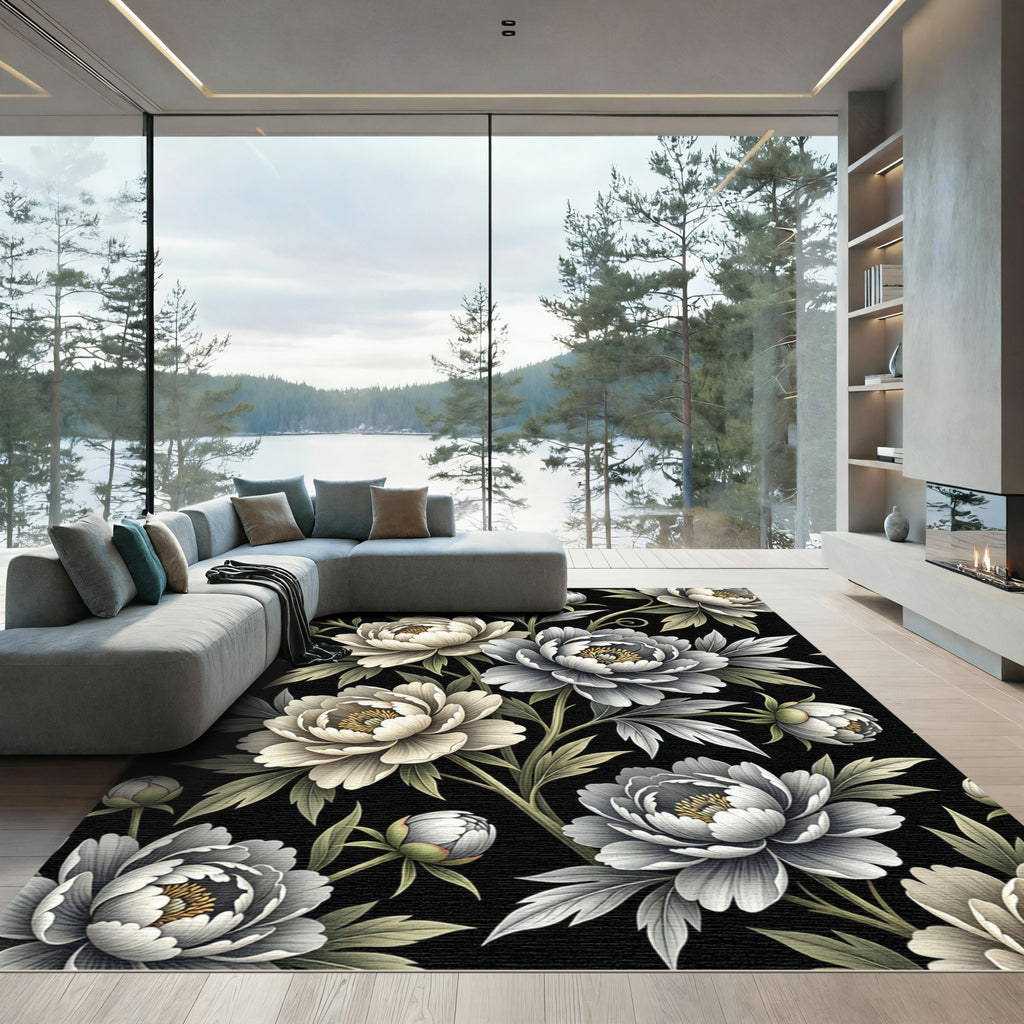 Monochrome Peony Floral Botanical Black Cream Rug