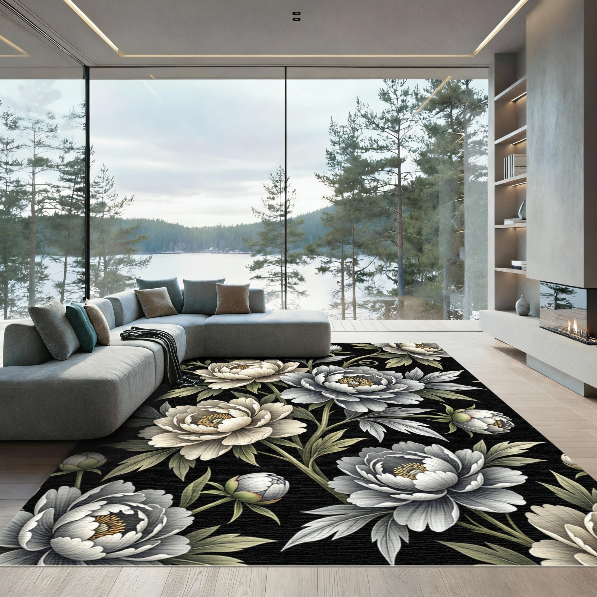 Monochrome Peony Floral Botanical Black Cream Rug