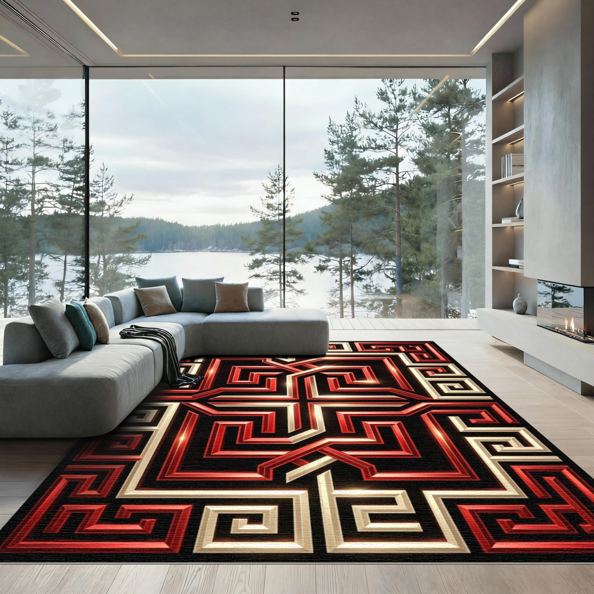 Red Gold Geometric Labyrinth Rug