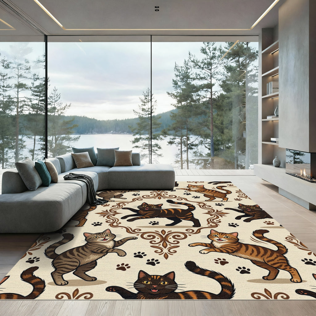Playful Feline Victorian Damask Illustration Rug