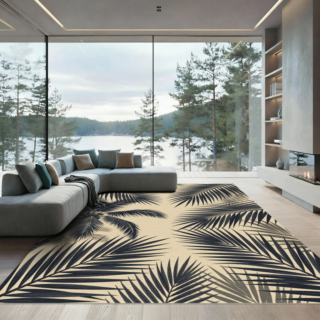 Tropical Black Palm Leaf Illustration Rug