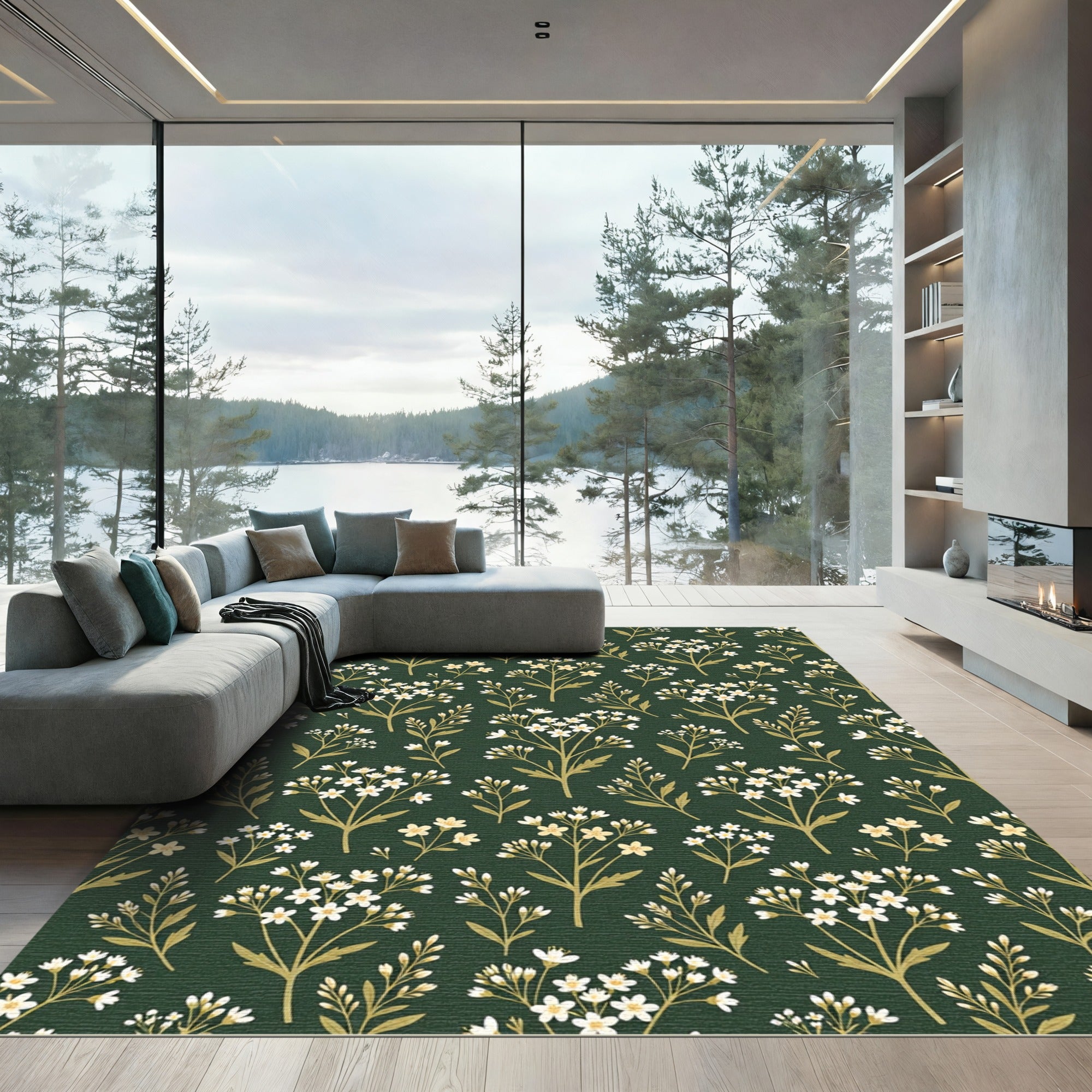 Dark Forest Green Botanical Meadow Rug