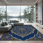 Royal Navy Gold Ornate Floral Medallion Rug