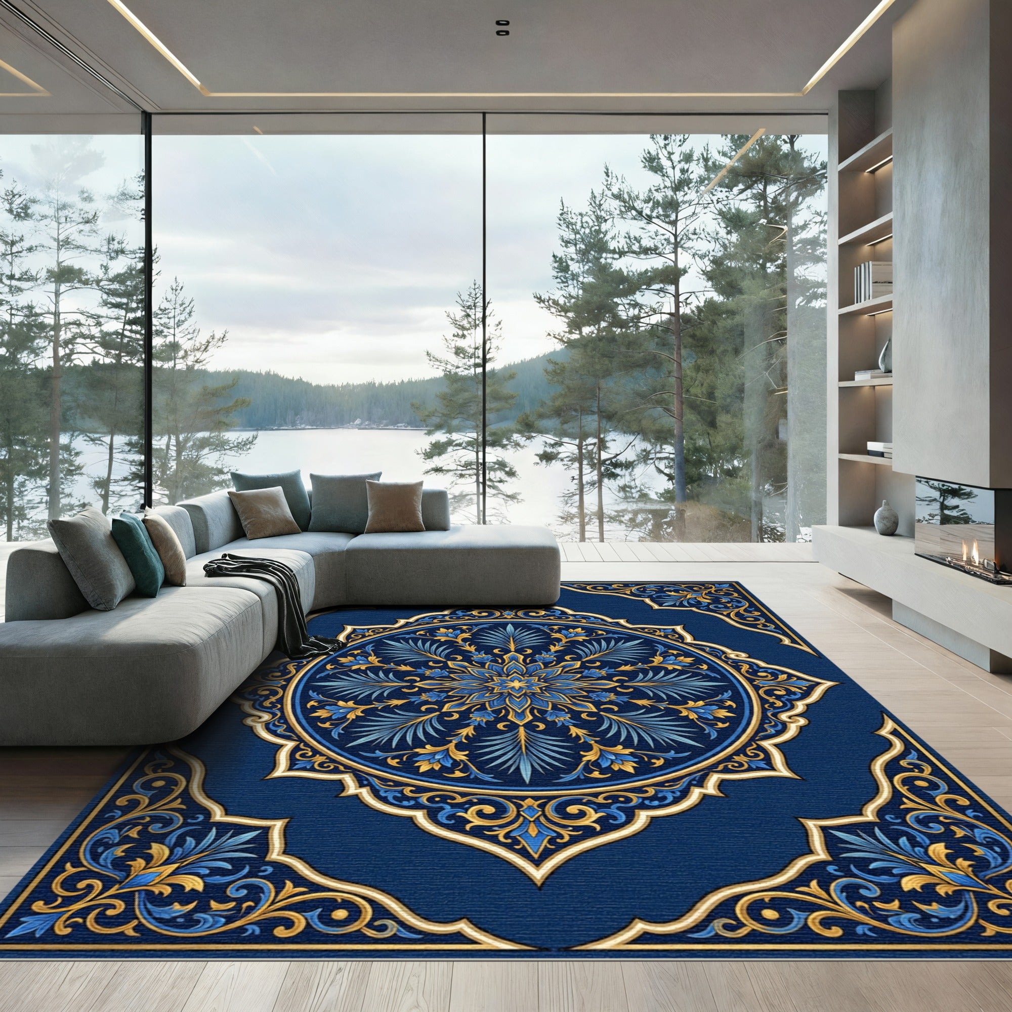 Royal Navy Gold Ornate Floral Medallion Rug