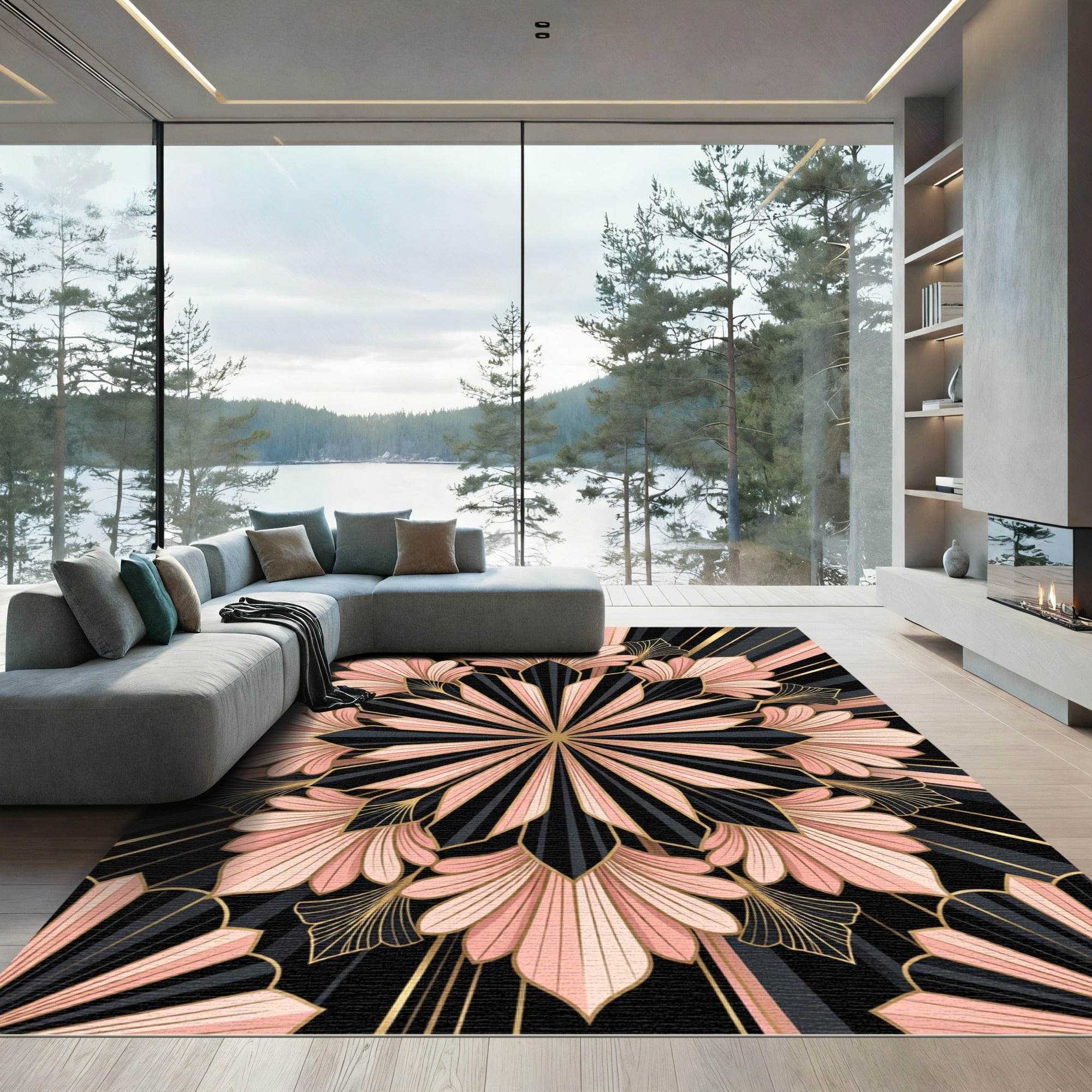 Art Deco Blush Pink Gold Mandala Rug
