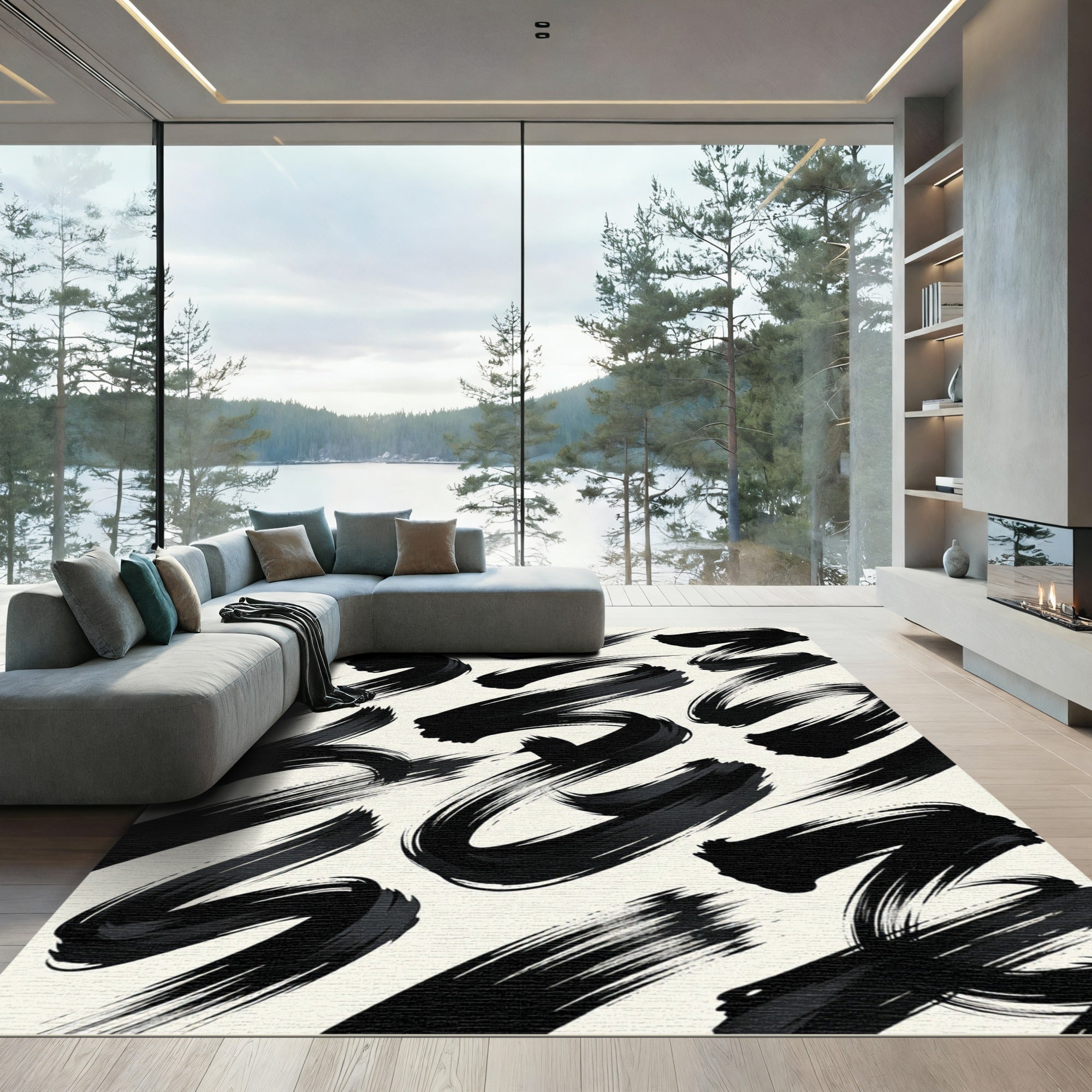 Black Brushstroke Abstract Swirl Rug