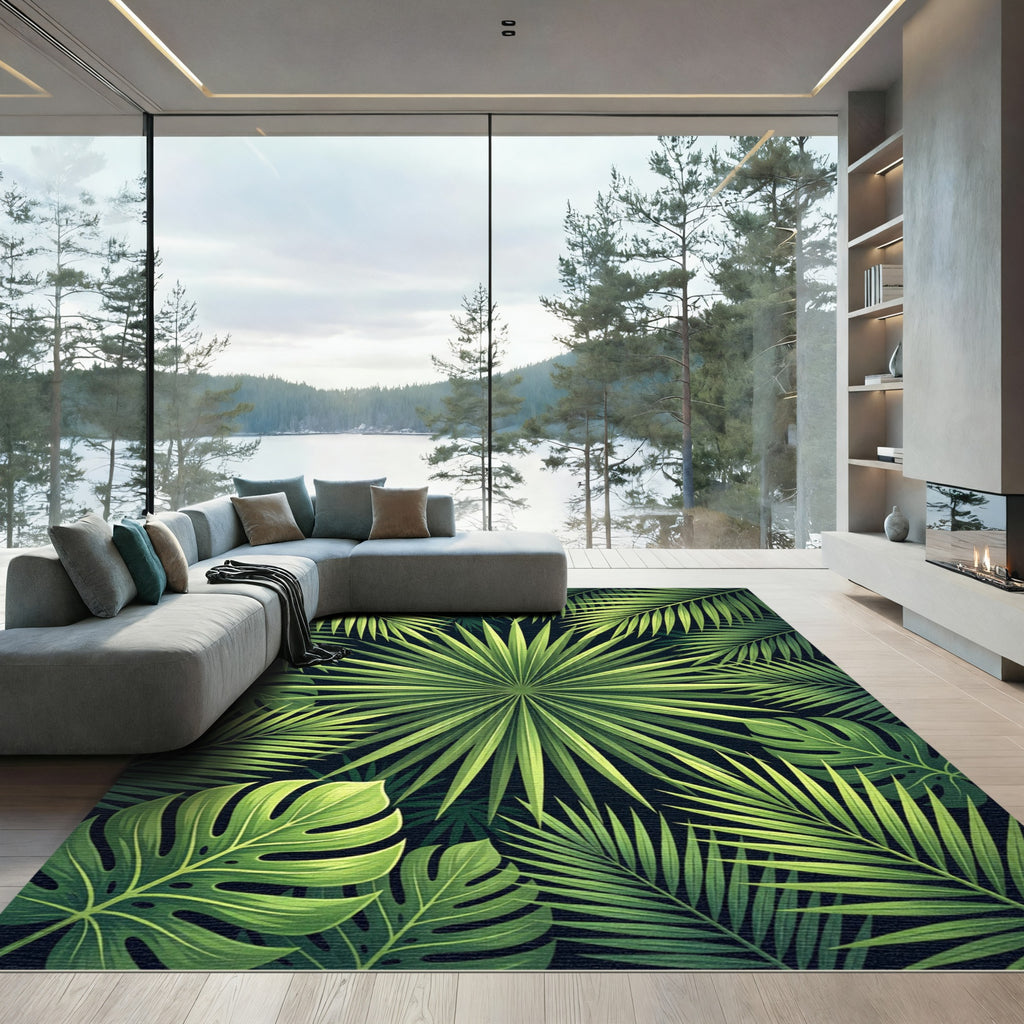 Lush Tropical Green Palm Leaf Botanical Rug