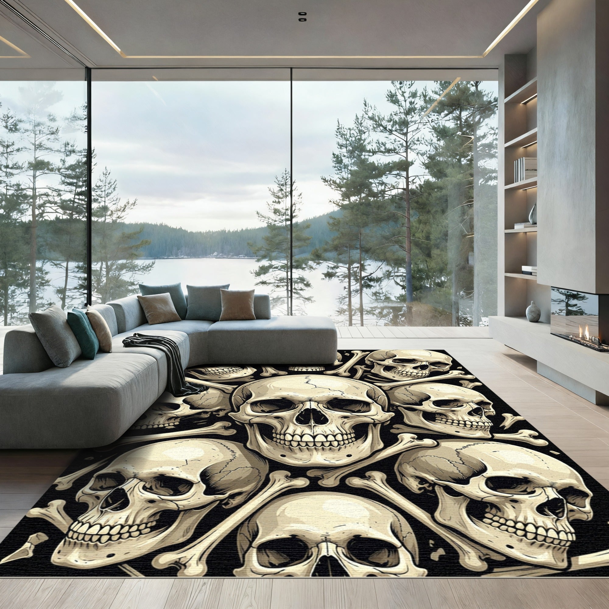 Gothic Monochrome Skull Bone Mosaic Rug