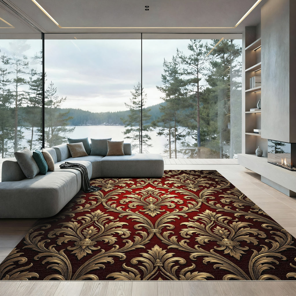 Ornate Red Gold Damask Scroll Rug