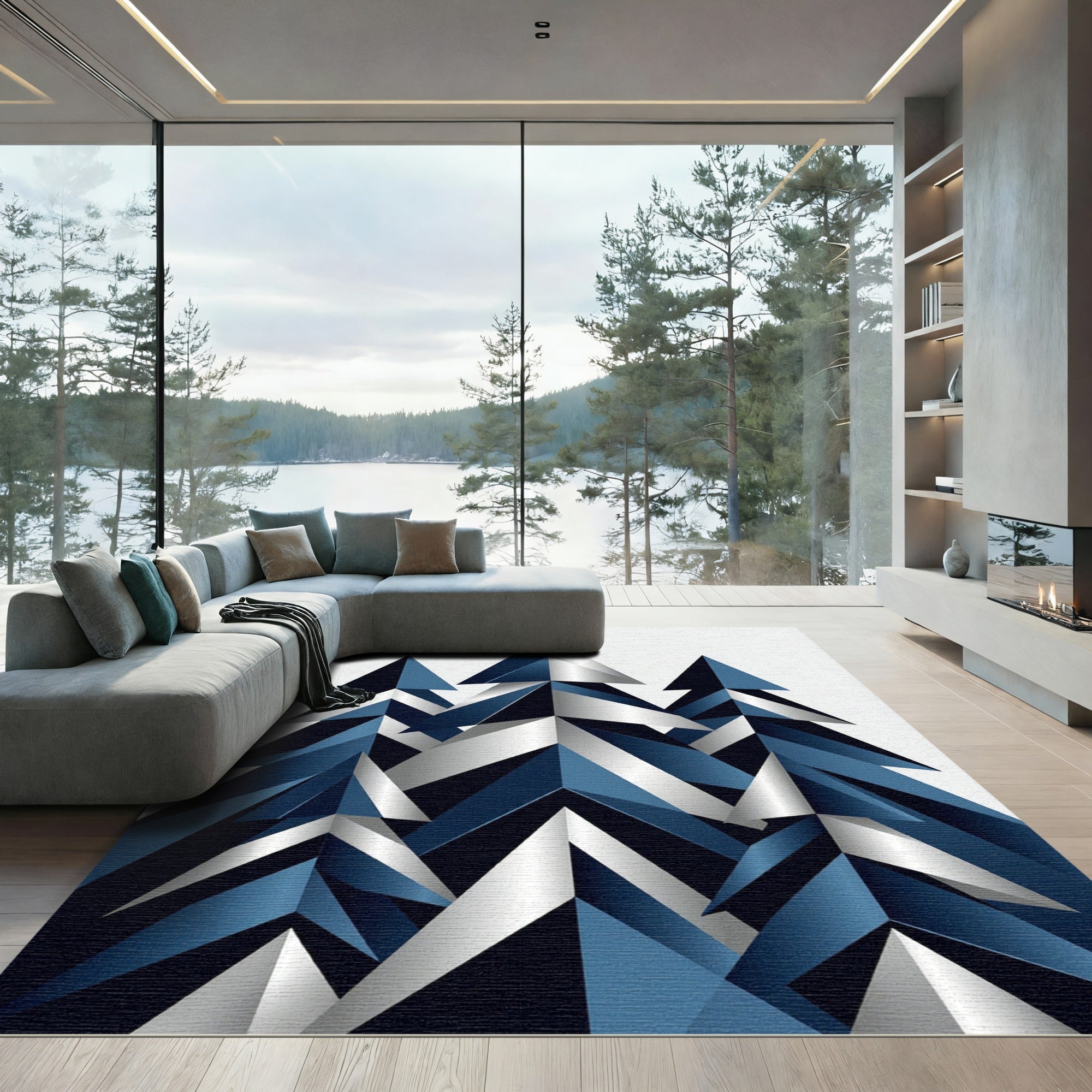 Geometric Metallic Indigo Blue Fir Trees Rug