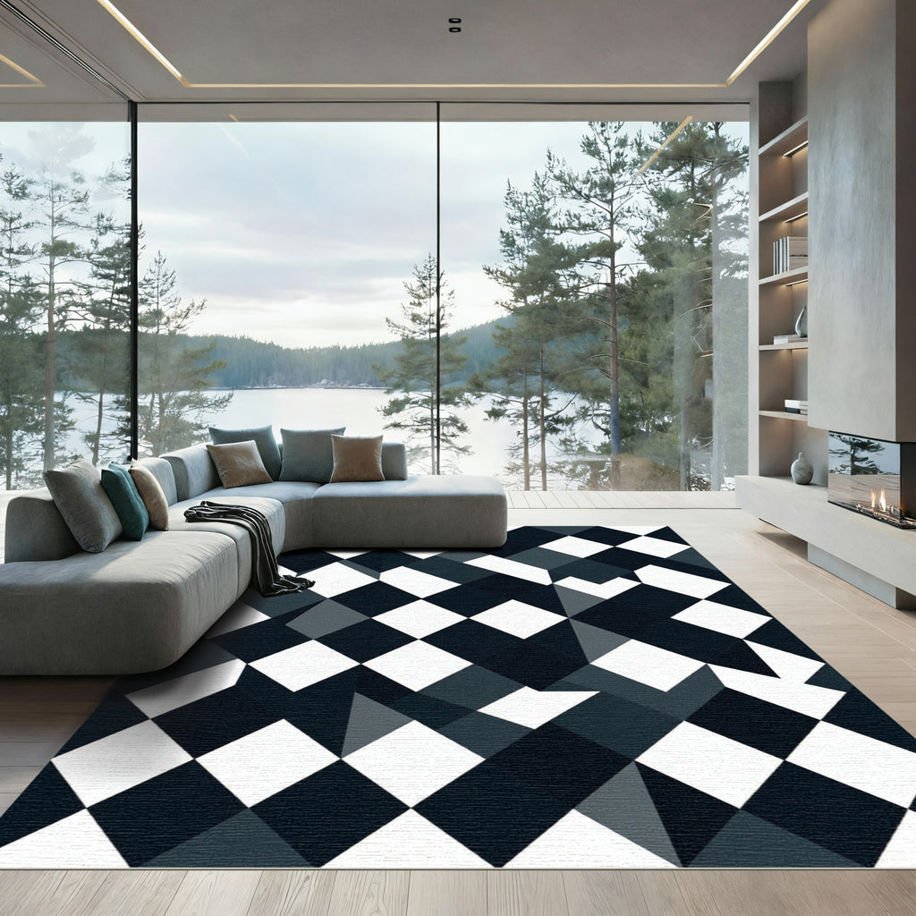 Monochromatic Geometric Black White Diamond Rug
