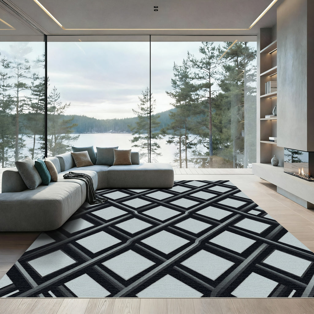 Monochrome Slate Grey Interlocking Geometric Grid Rug