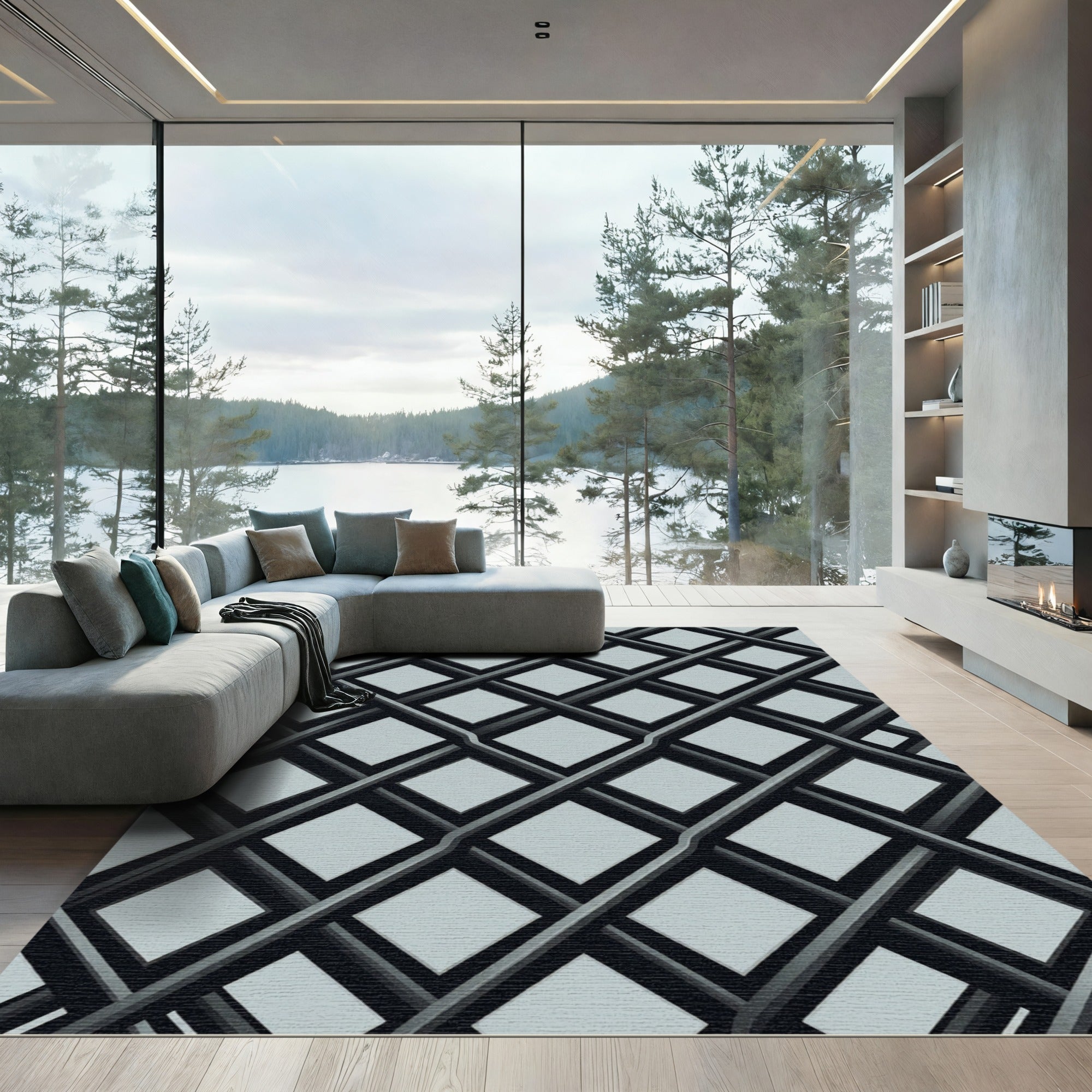 Monochrome Slate Grey Interlocking Geometric Grid Rug