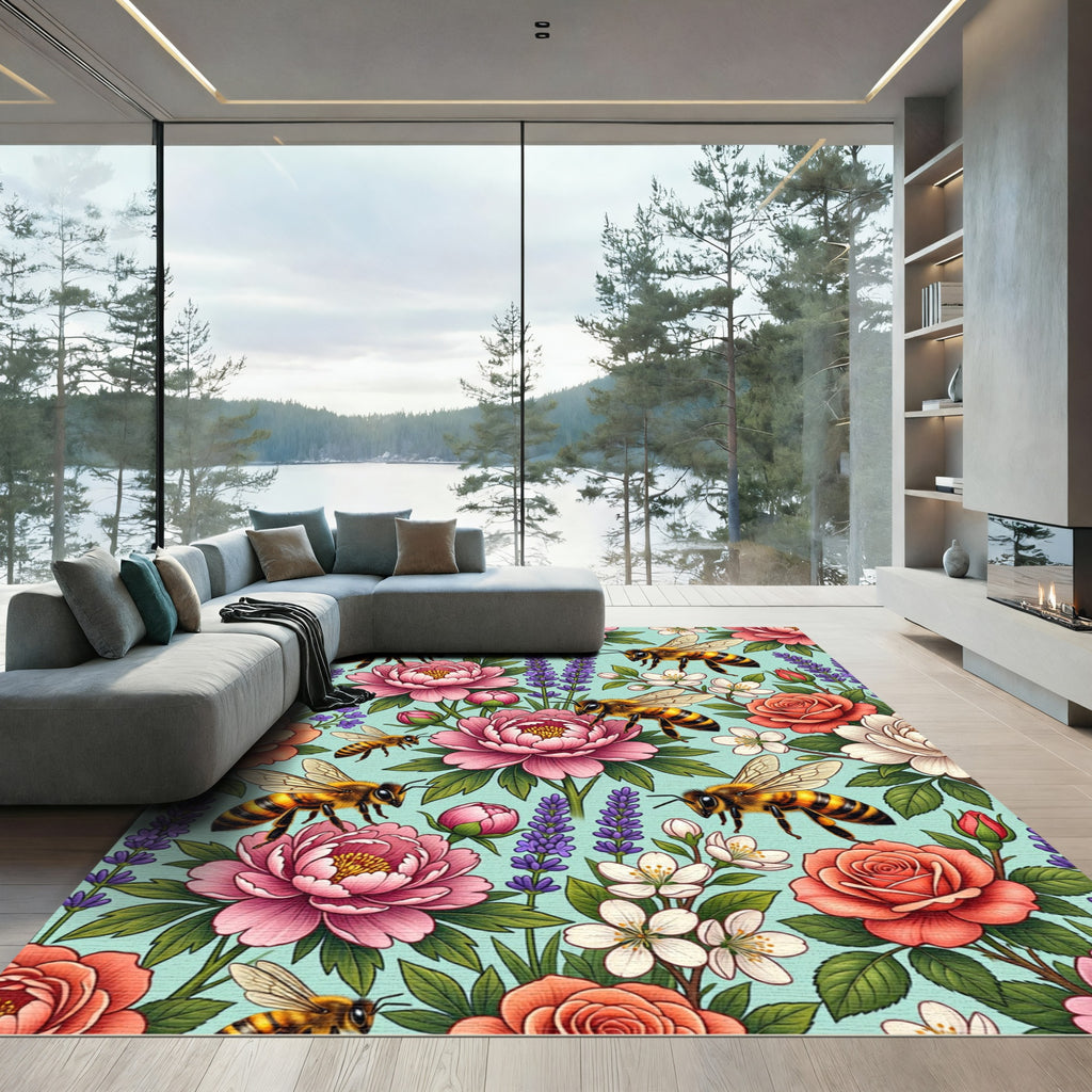 Breezy Aqua Peony Bee Garden Rug