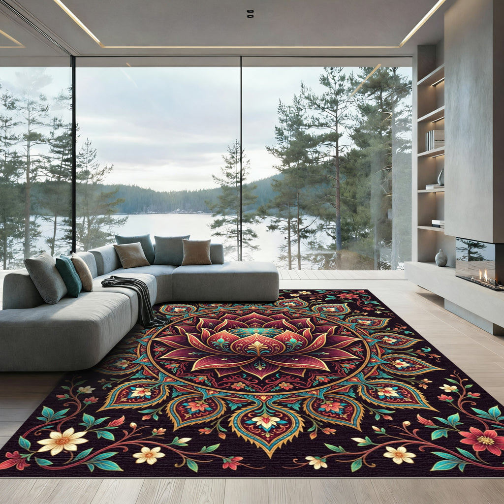 Ornate Burgundy Lotus Floral Mandala Rug