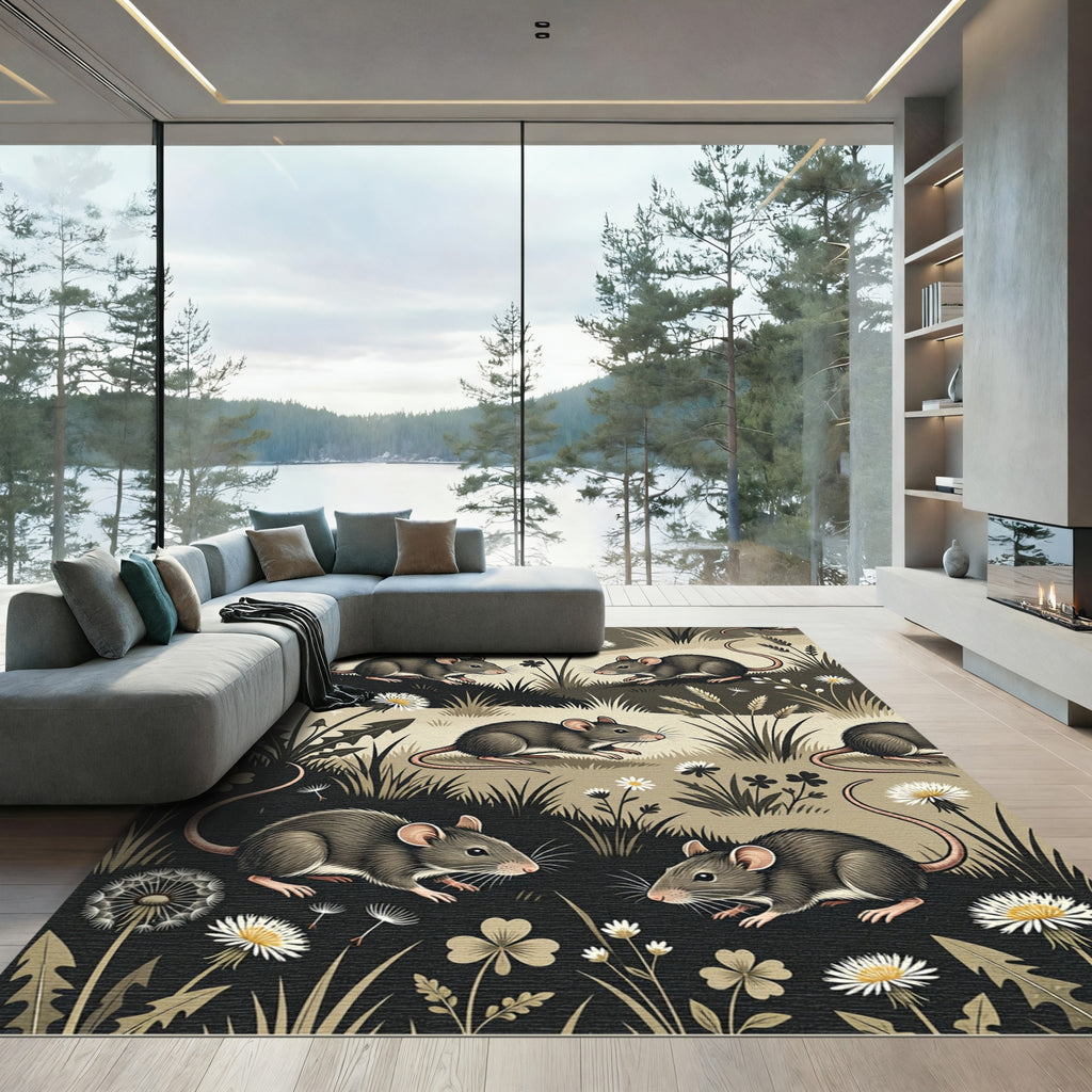 Whimsical Gray Mouse Field Dandelion Rug